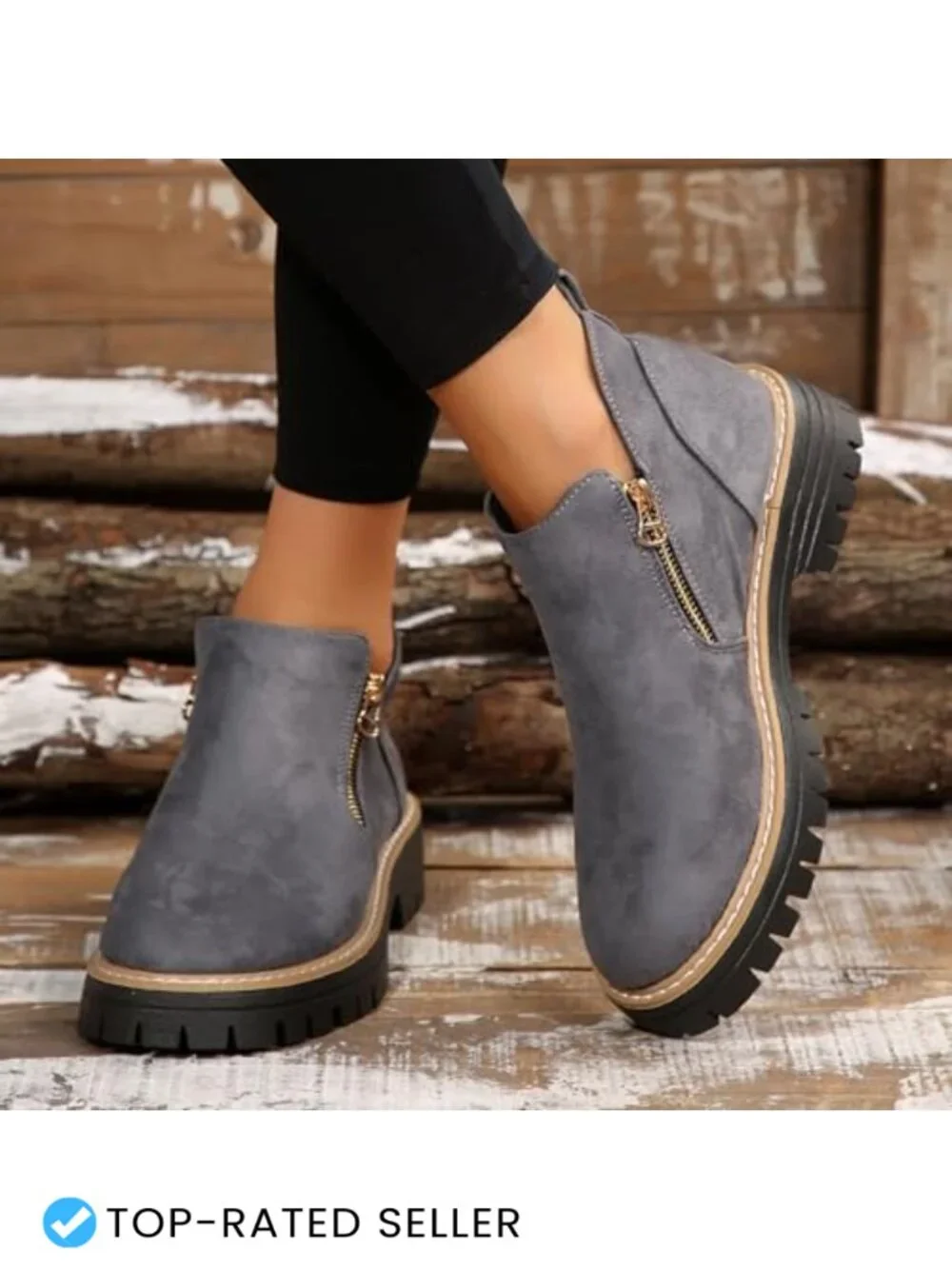 Vintage Low Heel Platform Ankle Boots Pointed Toe Side Zipper Chunky Heels Faux
